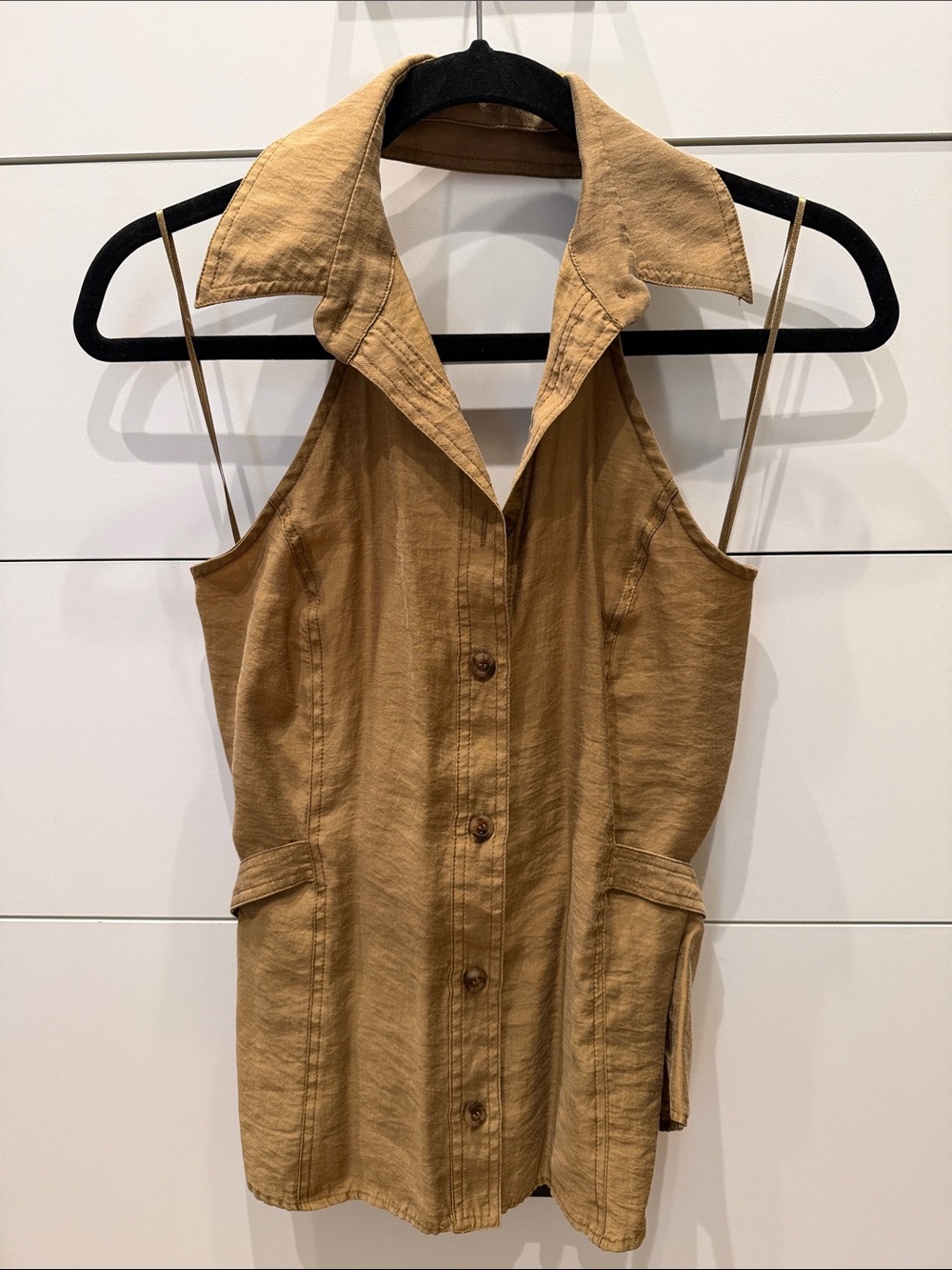 Zara Tan Sleeveless Button-Front Collared Halter